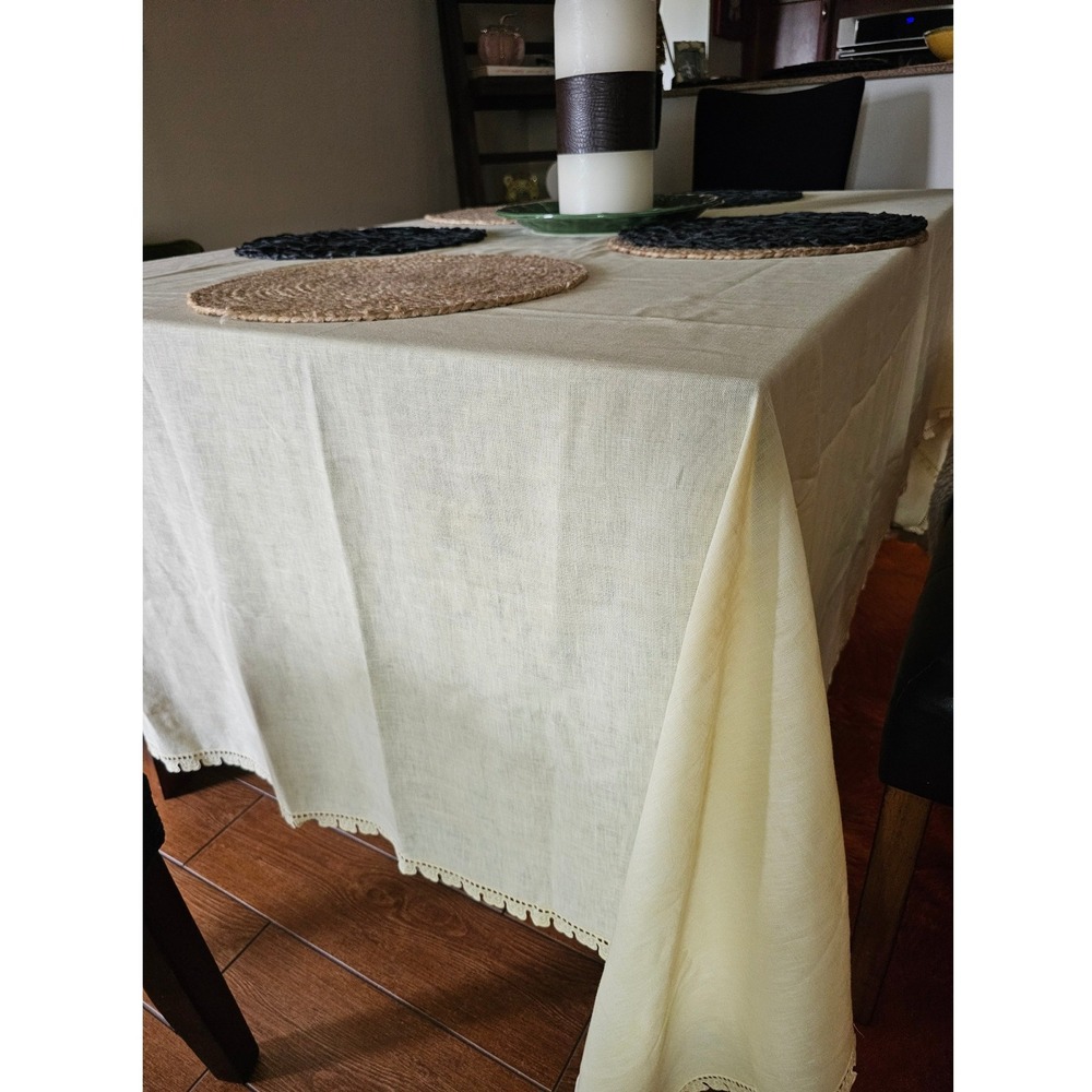 Yellow Linen Rectangle Tablecloth Scalloped Crochet Lace Trim Farmhouse 66 x 106